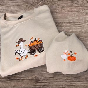 Embroidered Cowboy Goose Sweatshirt: Autumn Pumpkin Cart, Cosy Jumper