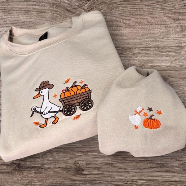 Embroidered Cowboy Goose Sweatshirt: Autumn Pumpkin Cart, Cosy Jumper