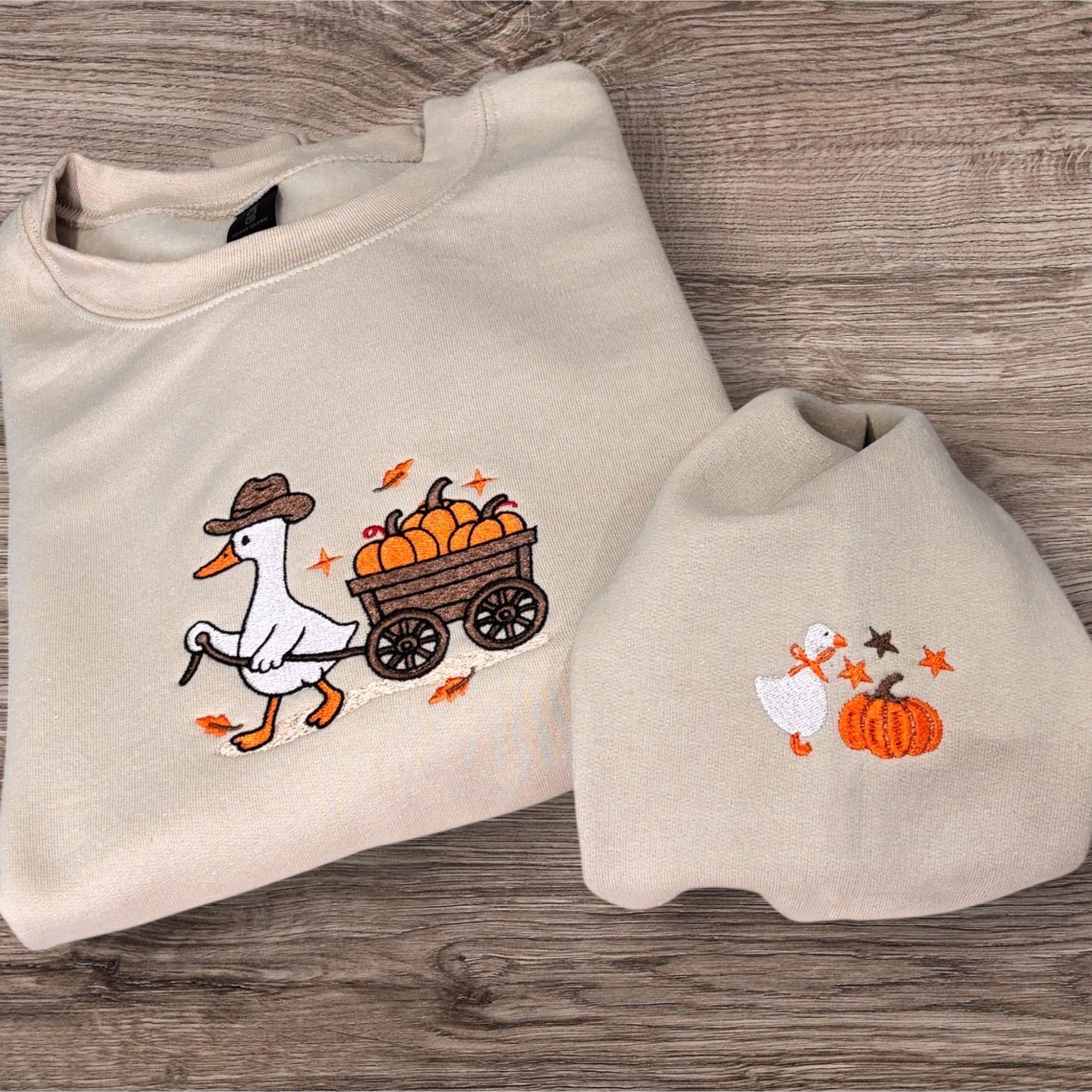 Embroidered Cowboy Goose Sweatshirt: Autumn Pumpkin Cart, Cosy Jumper