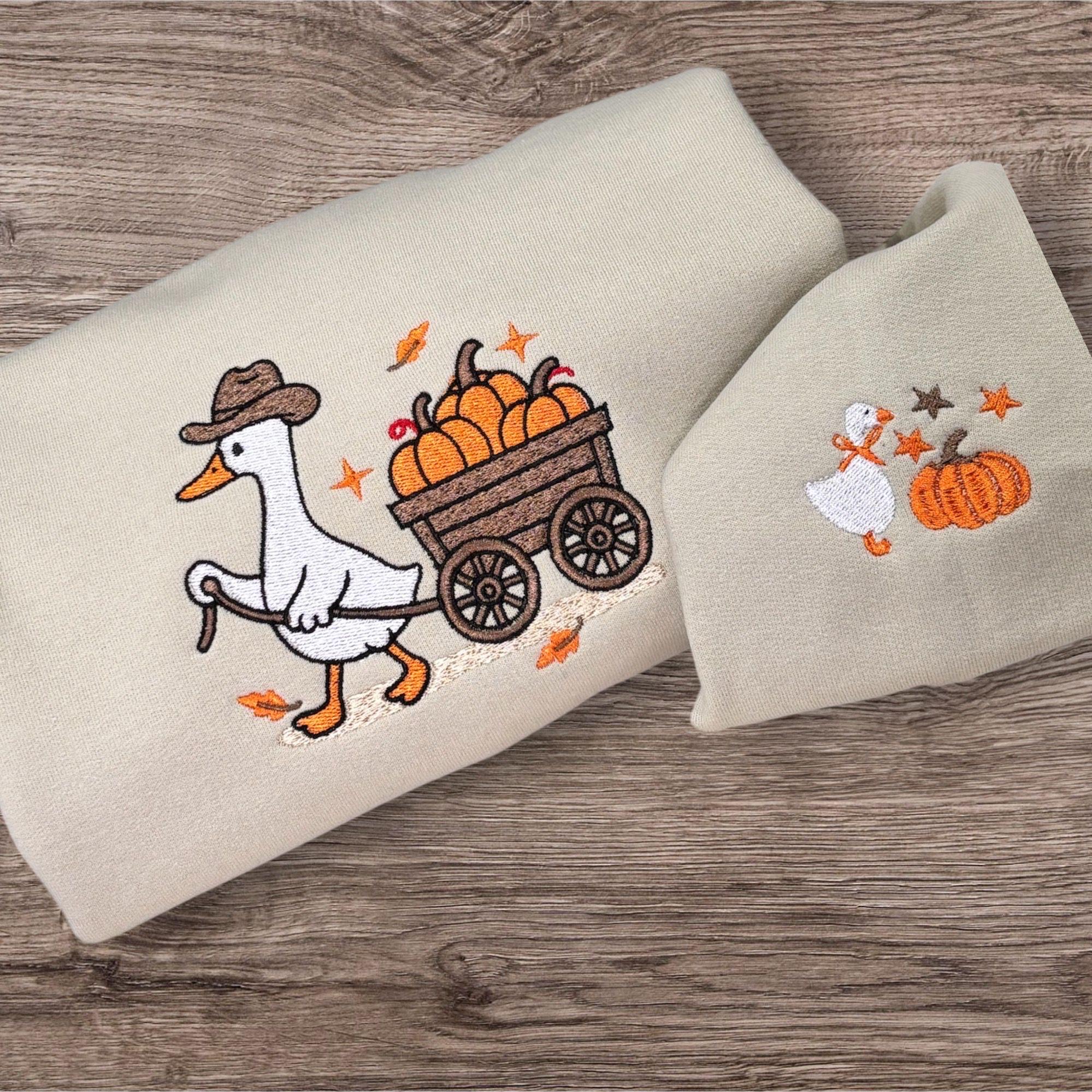 Embroidered Cowboy Goose Sweatshirt: Autumn Pumpkin Cart, Cosy Jumper - Image 3