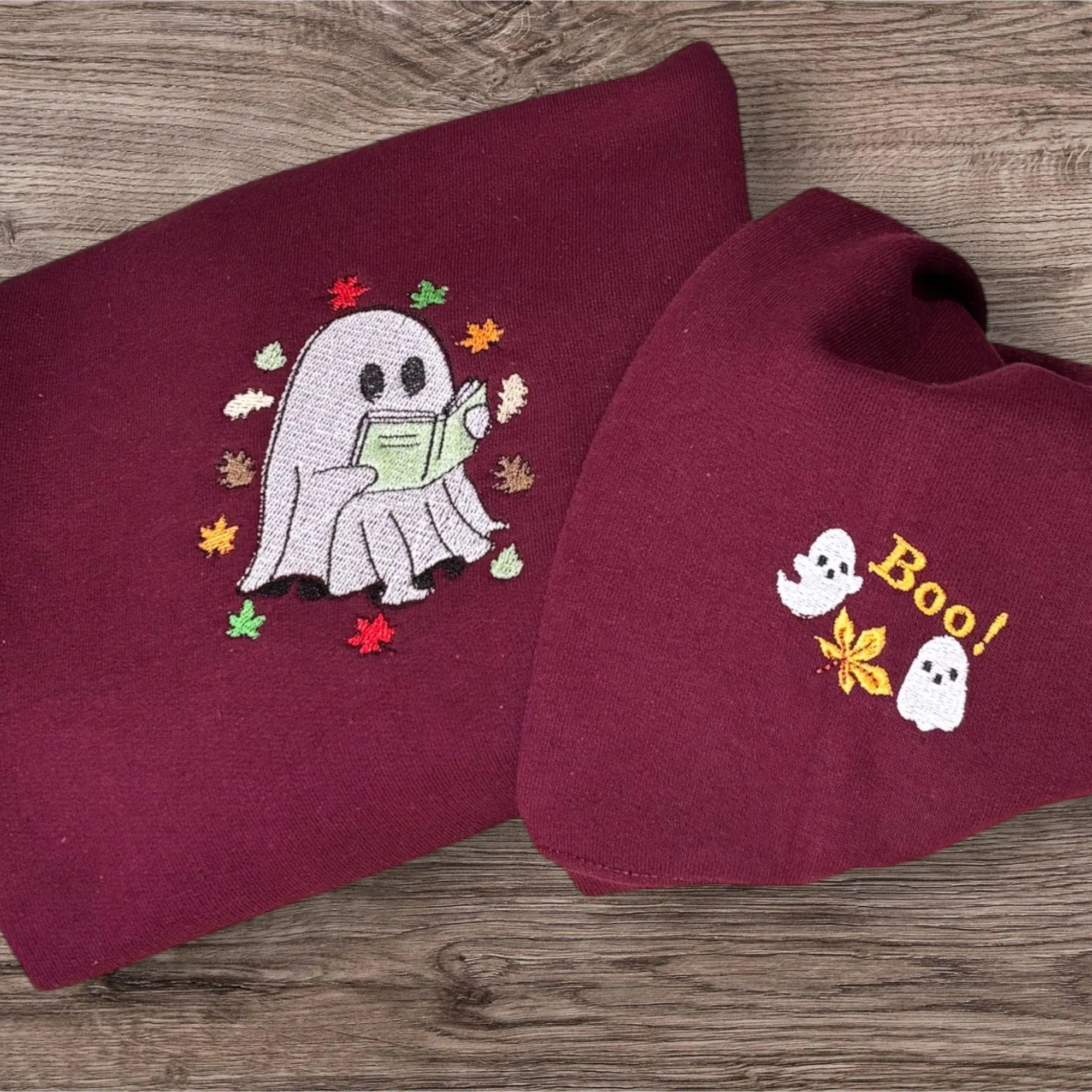 Embroidered Ghost Sweatshirt or Hoodie: Autumn Leaves, Spooky Halloween - Image 3