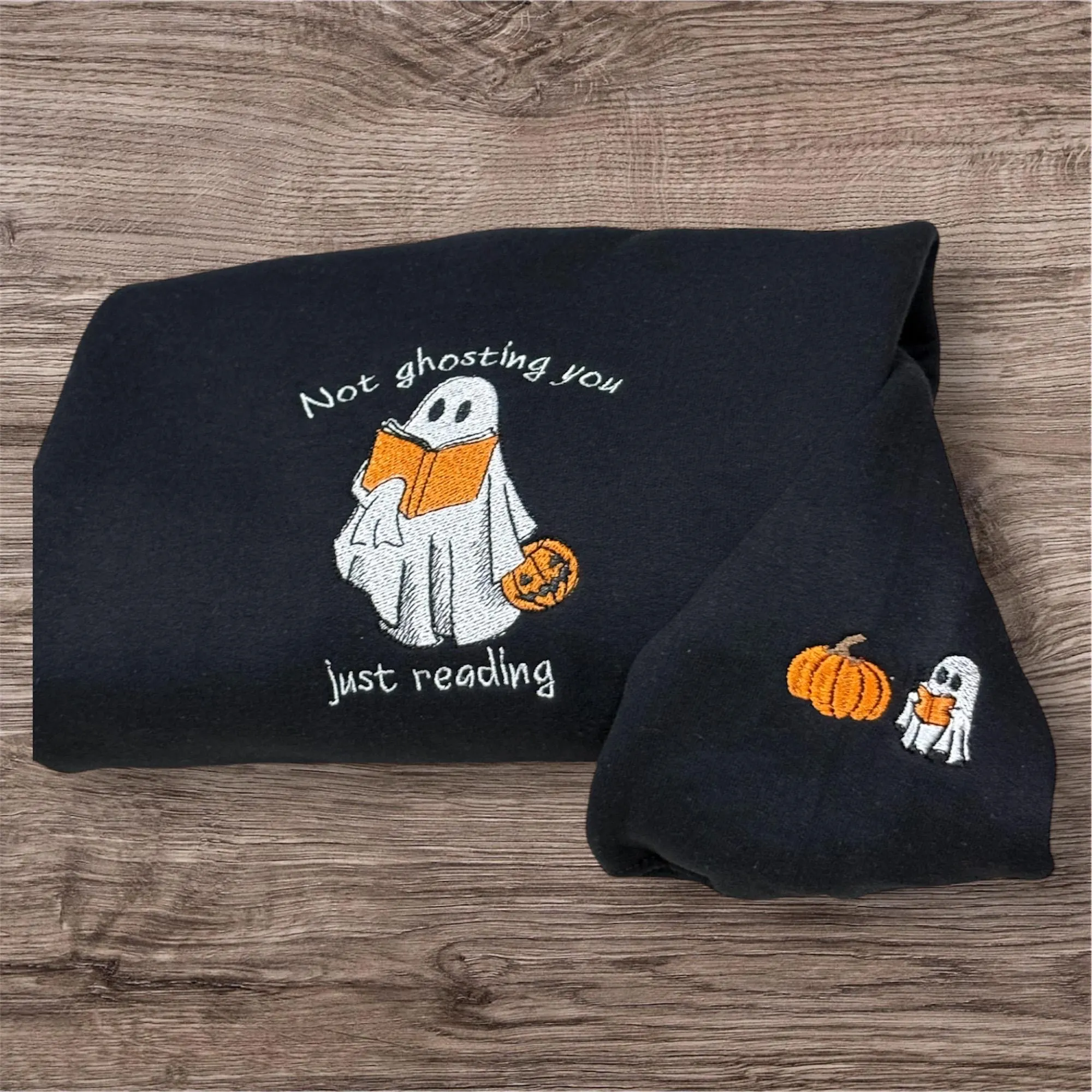 Embroidered ghost, reading book sweatshirt or hoodie. clothing, spooky shirt, sleeve embroidery, Halloween hoodie.