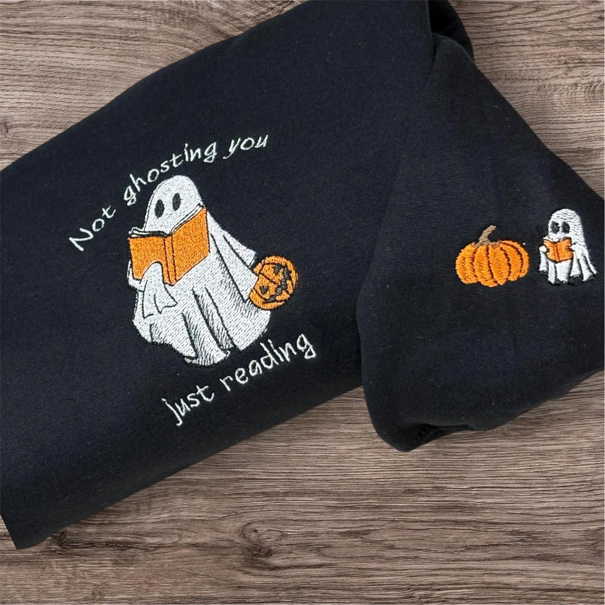Embroidered ghost, reading book sweatshirt or hoodie. clothing, spooky shirt, sleeve embroidery, Halloween hoodie. - Image 2