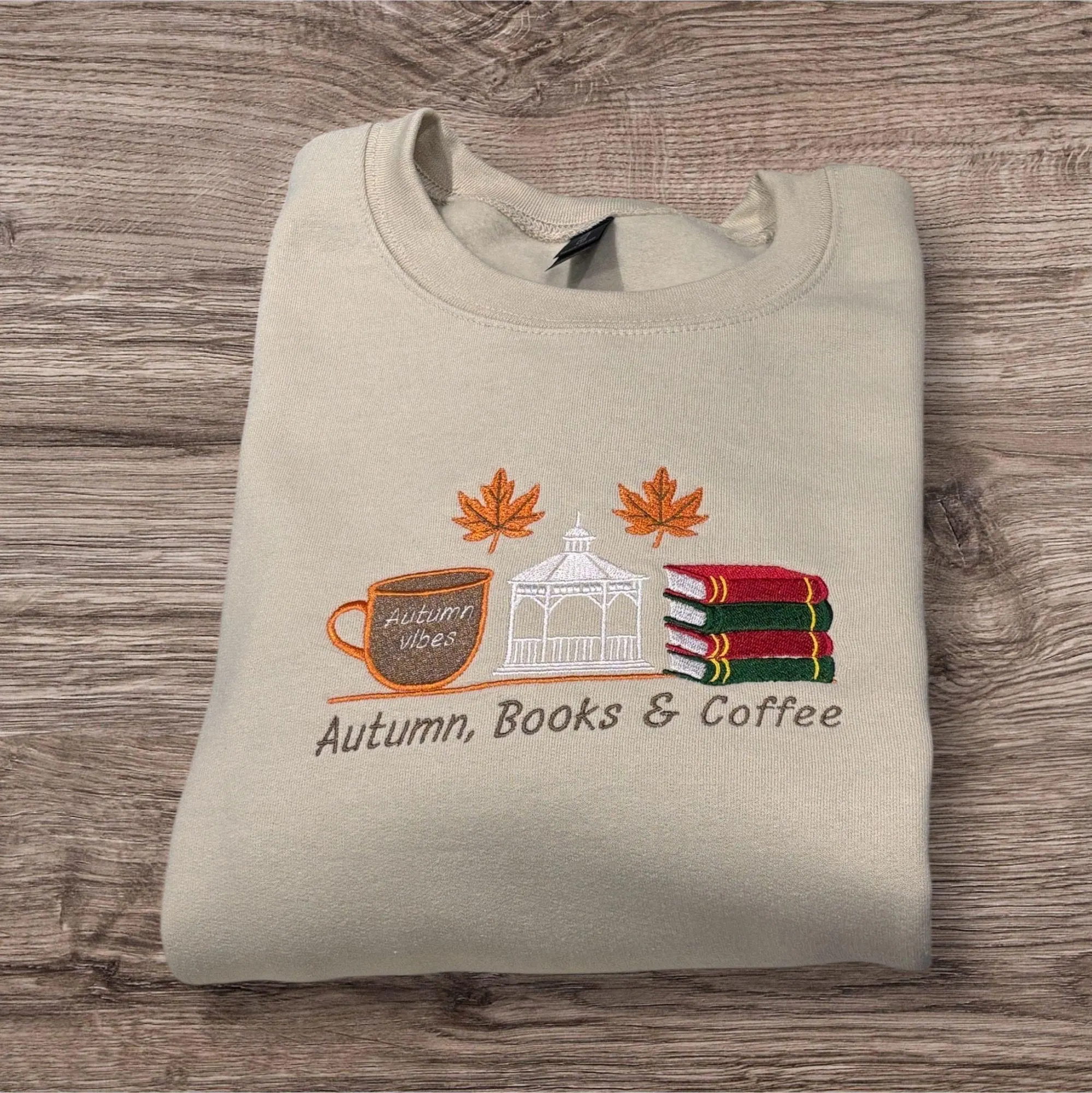 Embroidered Autumn, books and coffee or tea…sweatshirt or hoodie.