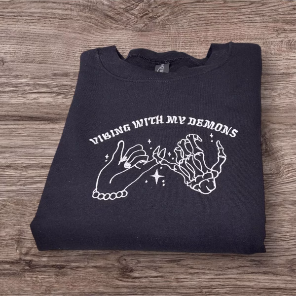 Embroidered 'Vibing With My Demons' Sweatshirt: Funny Mental Health Hoodie - Image 4