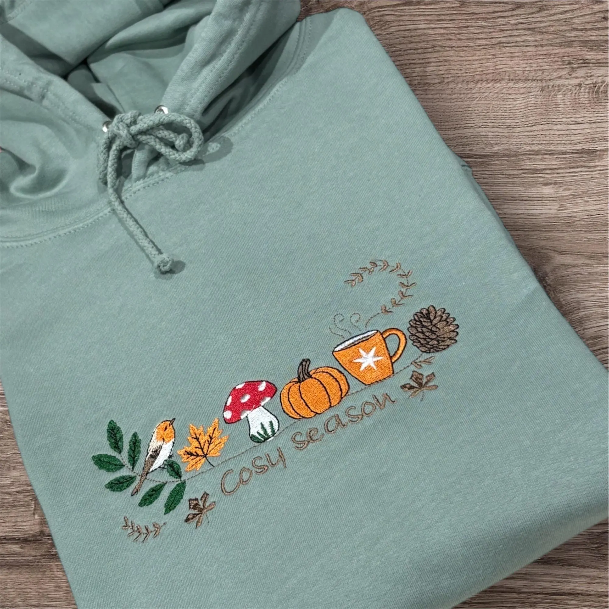 Embroidered cosy season, robin bird,pumpkin, sweatshirt, hoodie,crew neck, ladies fashion. Season jumper, autumn/fall leaves. - Image 4