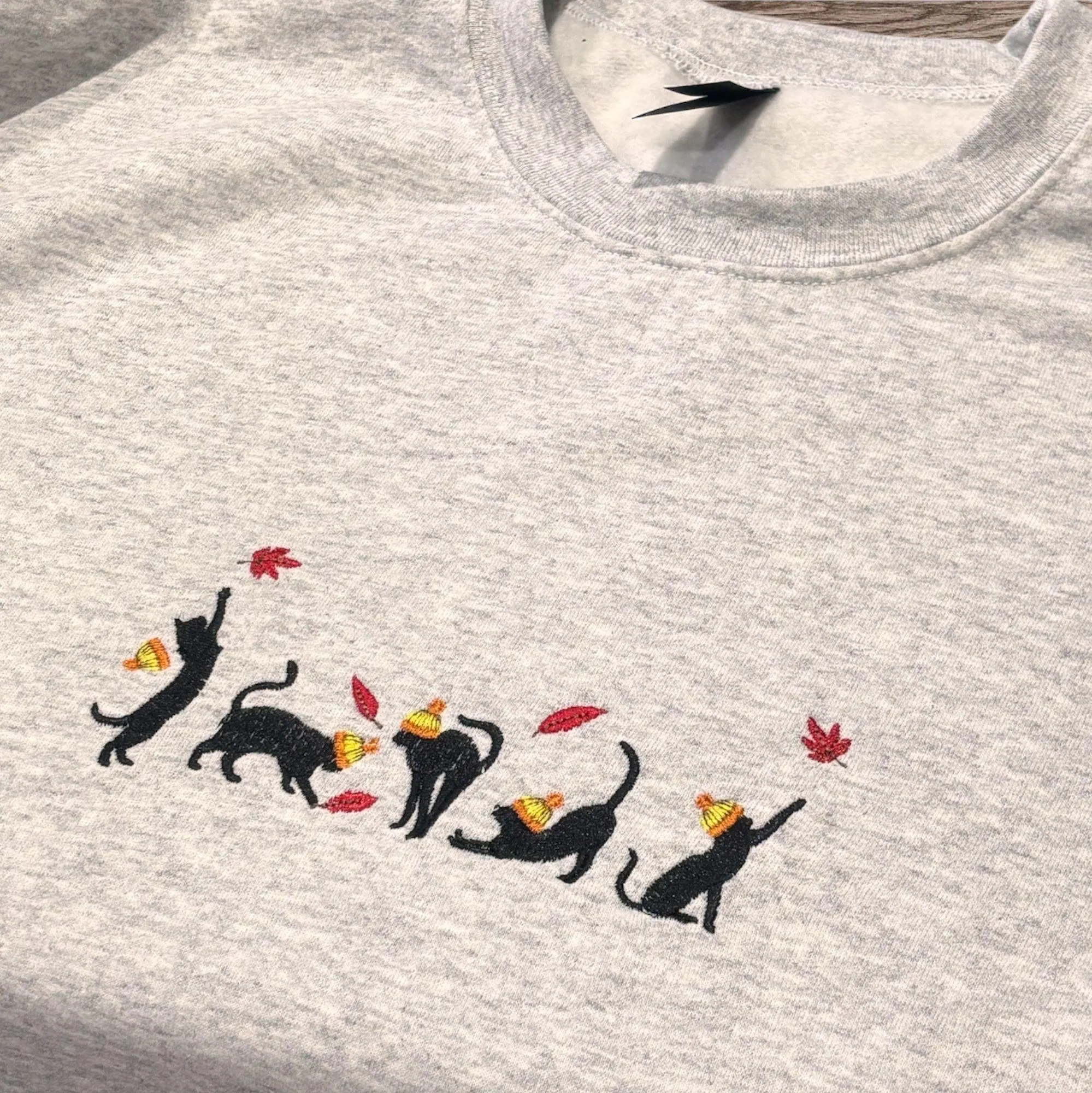 Embroidered cute autumn black cats with sweatshirt or hoodie. Kitten clothing, animal clothes, gift for cat lovers, fall cat hoodie. - Image 3