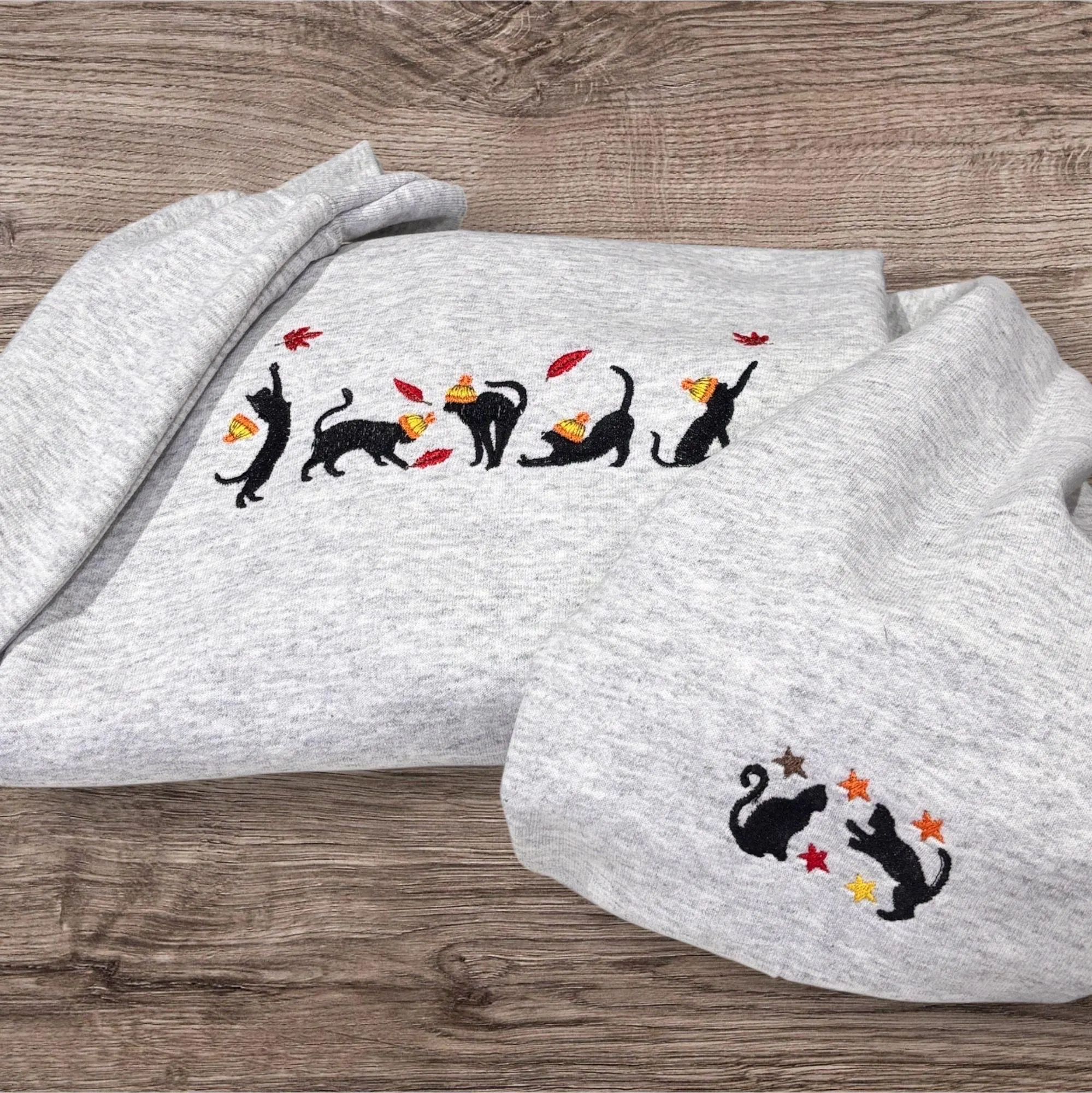 Embroidered cute autumn black cats with sweatshirt or hoodie. Kitten clothing, animal clothes, gift for cat lovers, fall cat hoodie.