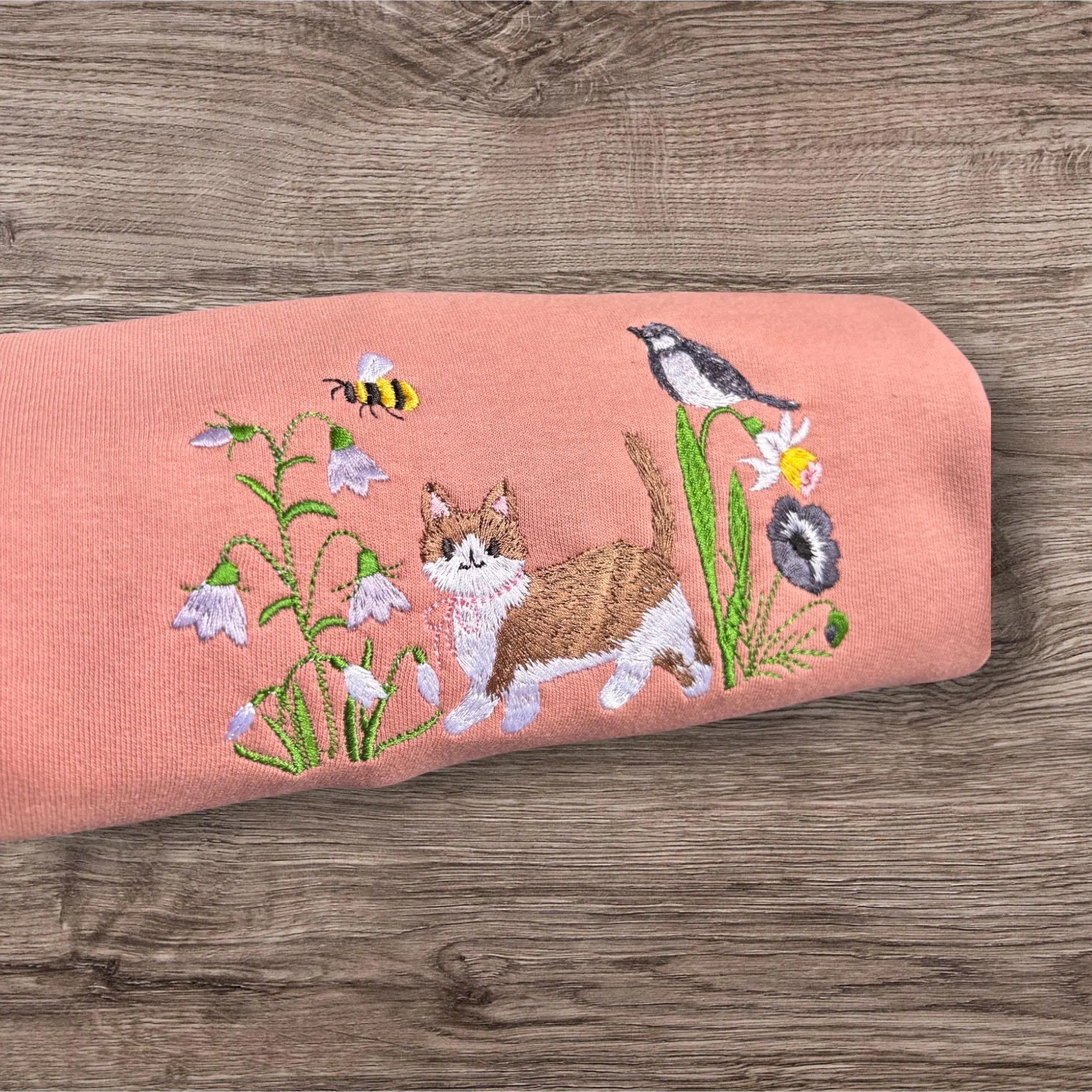 Embroidered Cat Sweatshirt: Spring Flower Hedgerow, Gift for Cat Lovers - Image 3