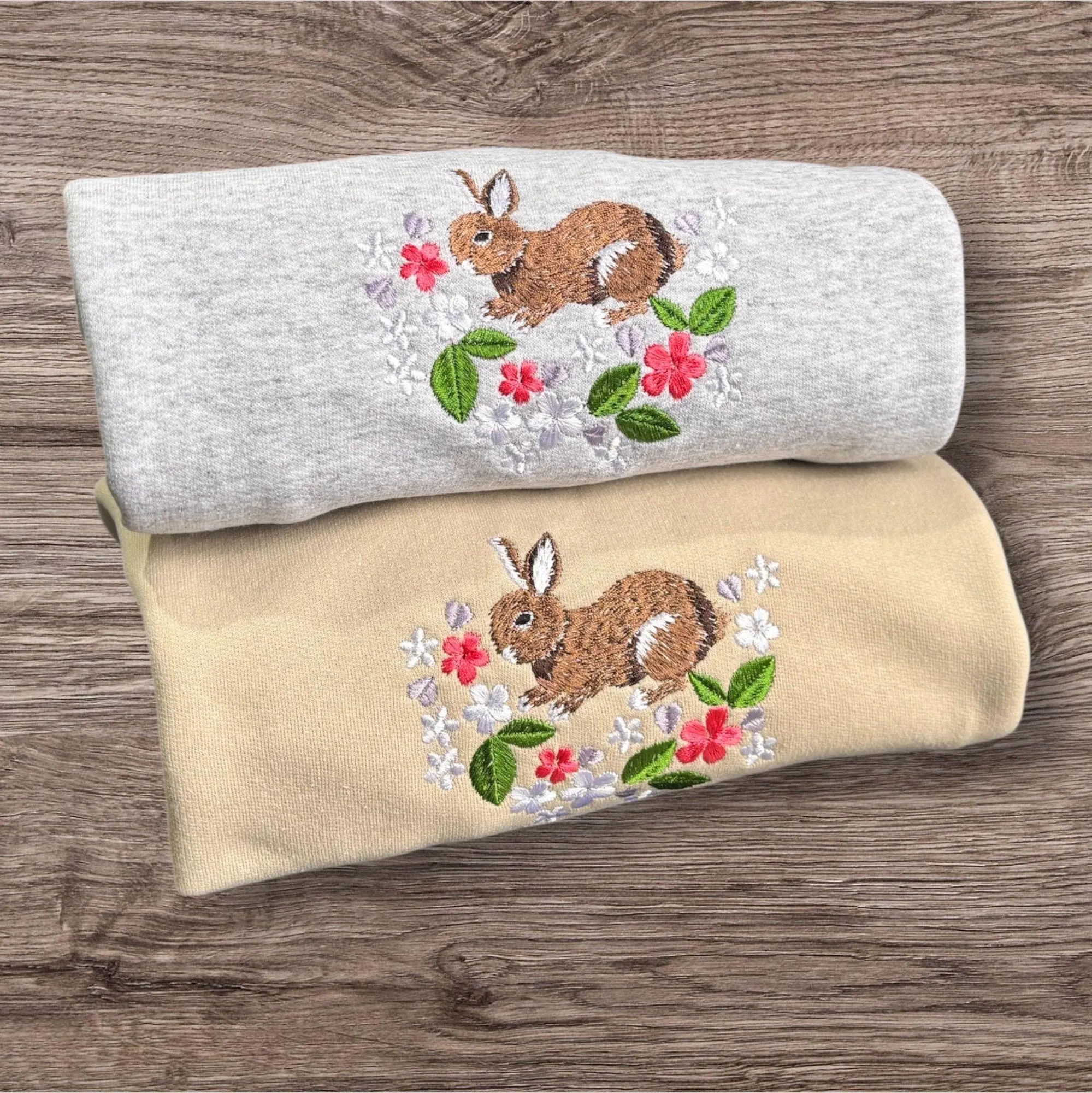 Embroidered Rabbit Sweatshirt: Spring Flower Hedgerow Design
