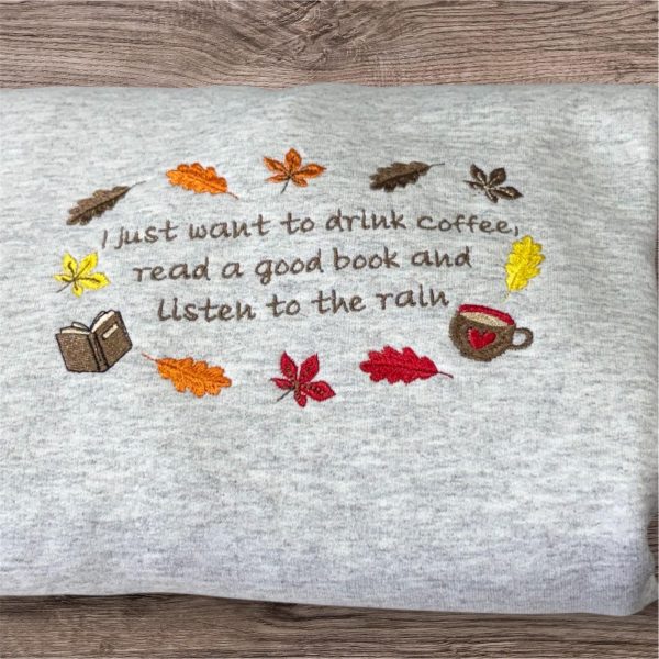 Embroidered Autumn Leaves Sweatshirt: Cozy Tea & Book Lover Gift - Image 4