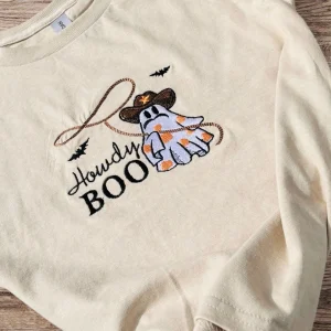 Embroidered Cowboy Ghost Sweatshirt: Western Halloween Howdy Boo