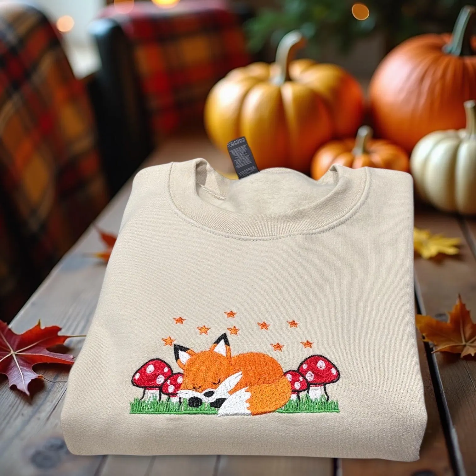 Autumn/fall Sleepy Fox With Mushrooms Embroidered Sweatshirt Or Hoodie. - Image 3