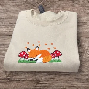 Autumn/fall Sleepy Fox With Mushrooms Embroidered Sweatshirt Or Hoodie.