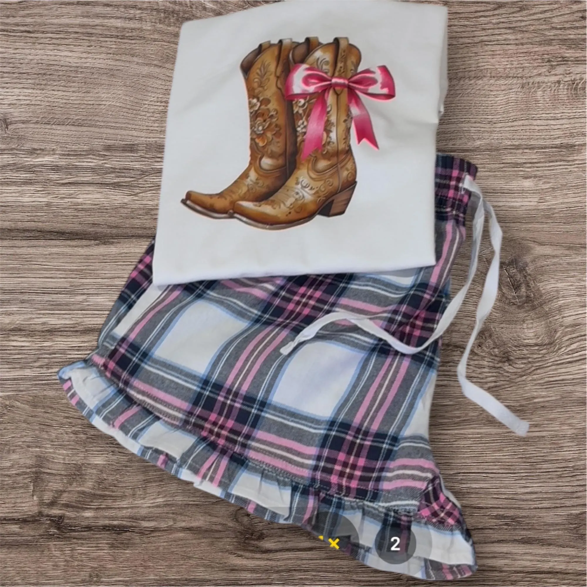 Cowgirl Pajama Set: Western Boot Print, Frill Hem Shorts
