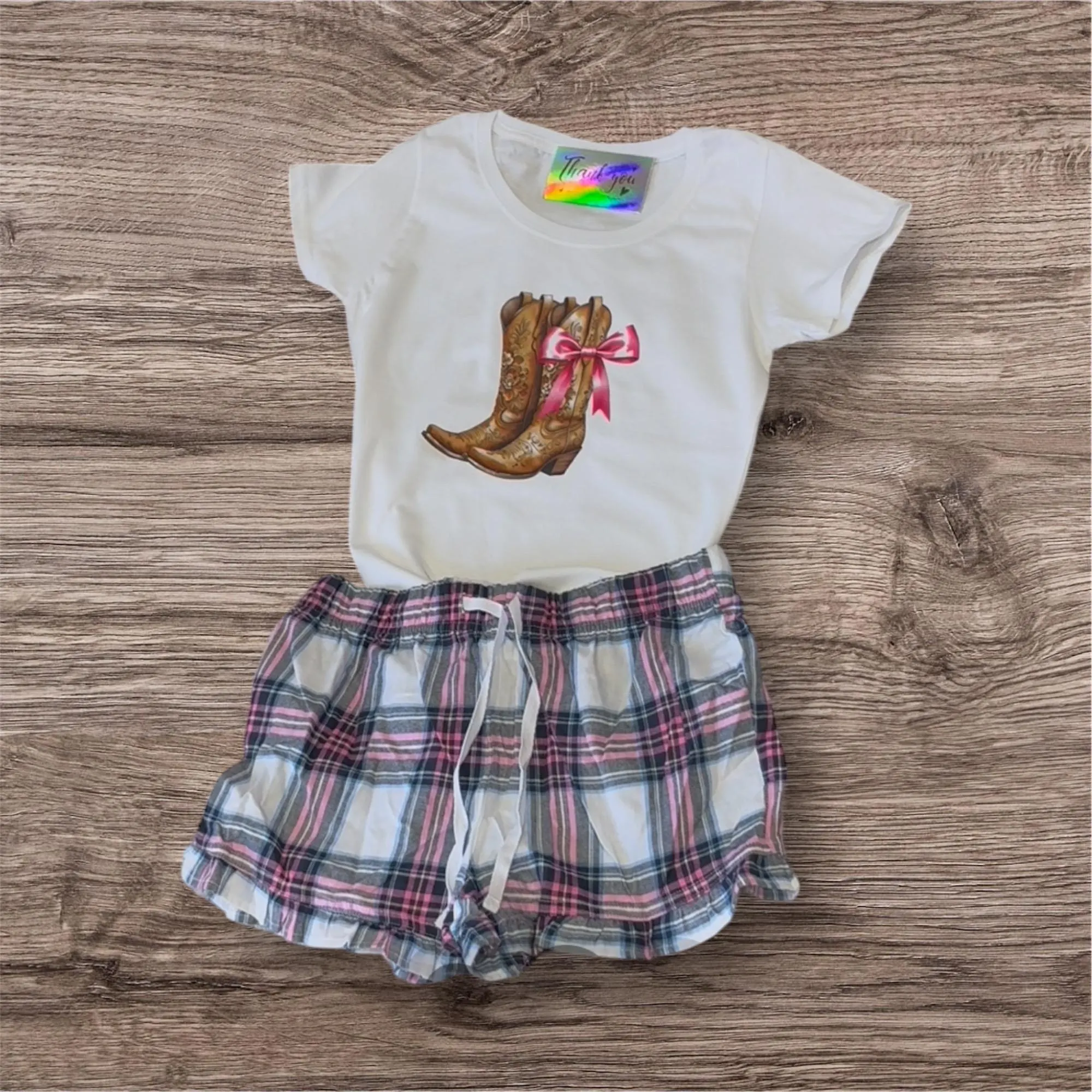 Cowgirl Pajama Set: Western Boot Print, Frill Hem Shorts - Image 3