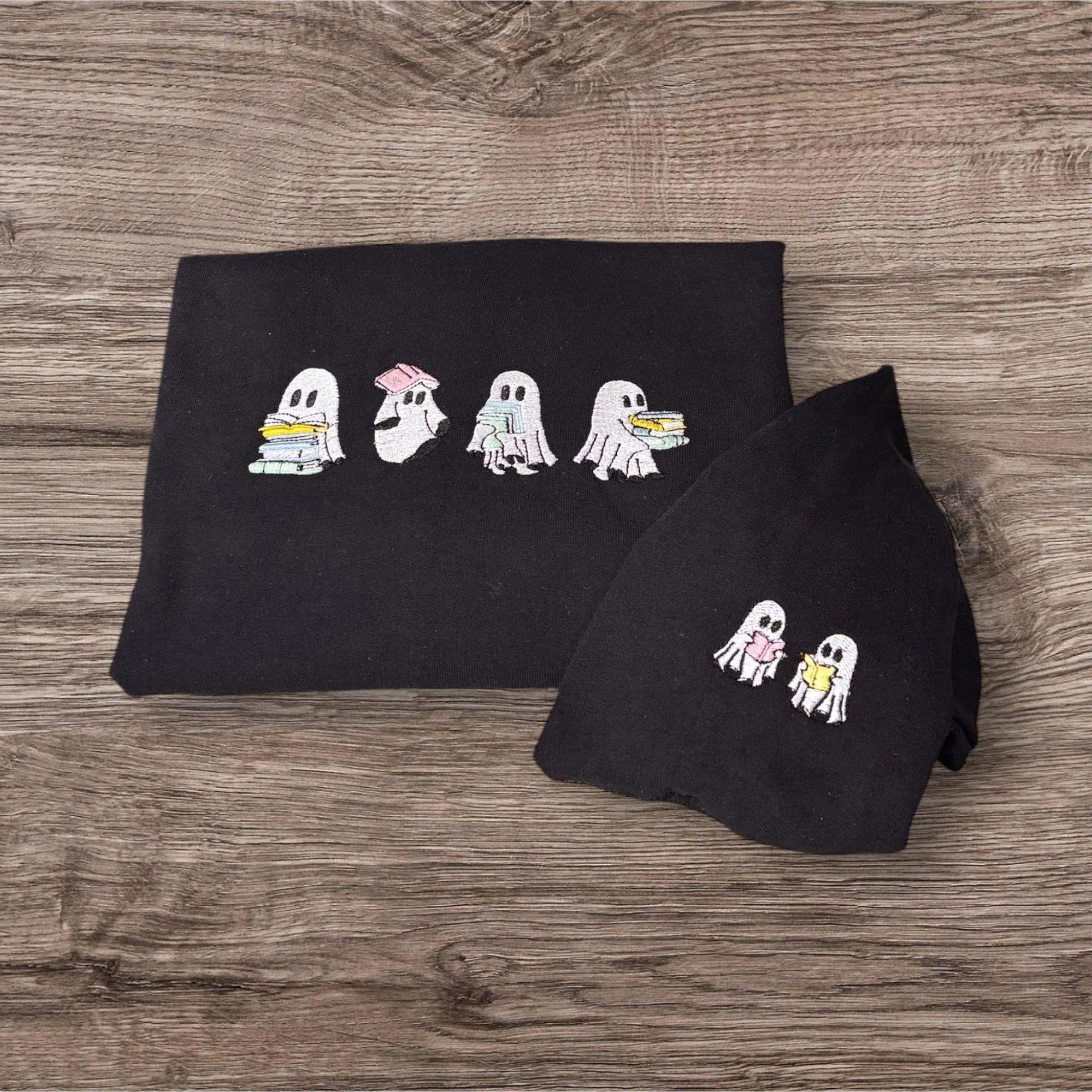 Embroidered Ghost Reading Book Sweatshirt: Spooky Halloween Hoodie