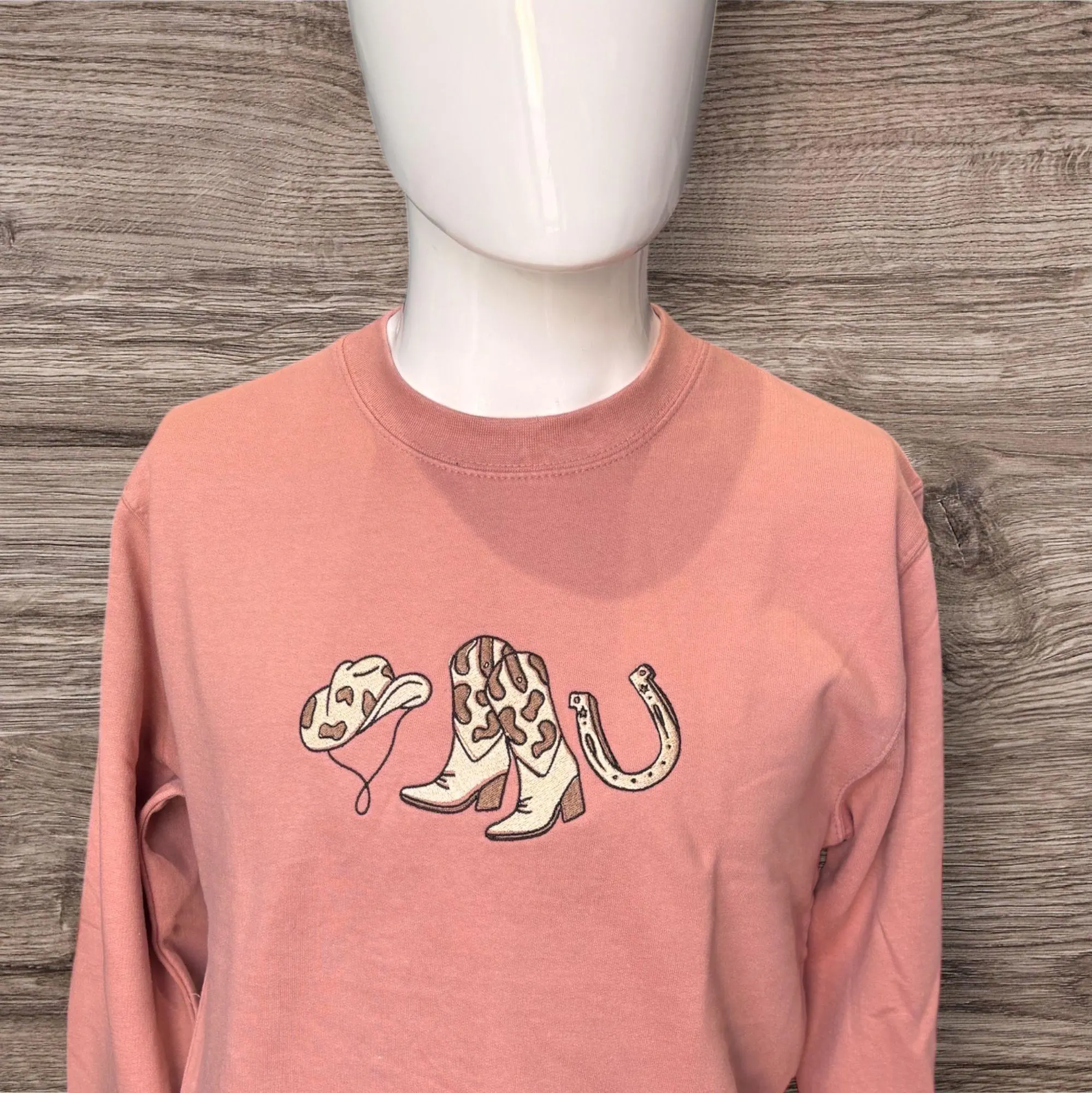 Embroidered cowboy boots, cowboy hat,horse shoe sweatshirt or hoodie. Country clothing, cowgirl, western vibes. - Image 6