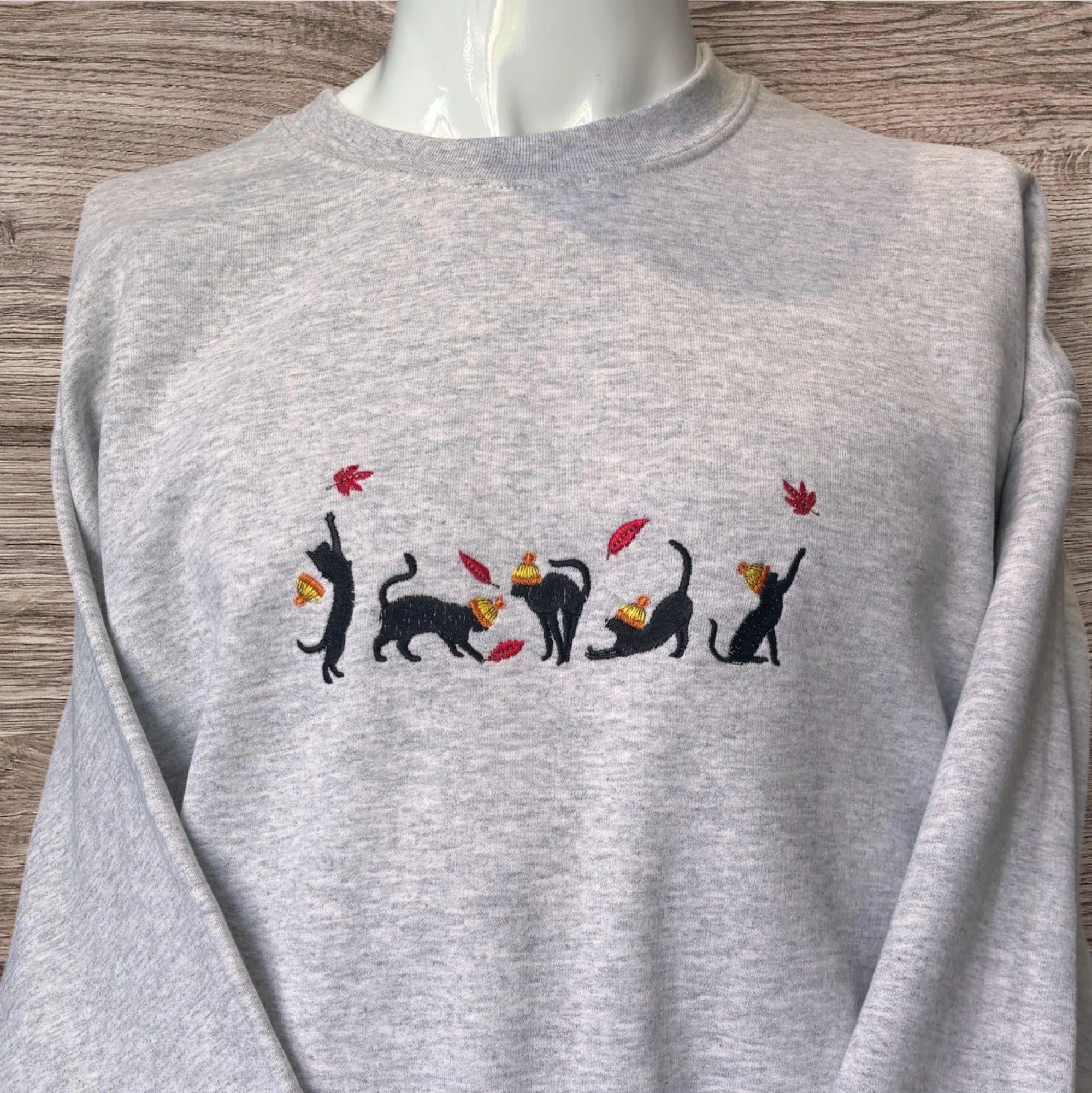 Embroidered cute autumn black cats with sweatshirt or hoodie. Kitten clothing, animal clothes, gift for cat lovers, fall cat hoodie. - Image 2