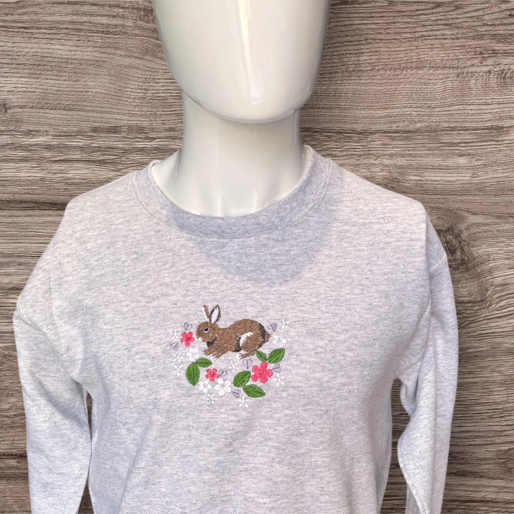 Embroidered Rabbit Sweatshirt: Spring Flower Hedgerow Design - Image 2