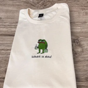 Embroidered Frog T-Shirt: What A Day Slogan, Animal Lover Gift