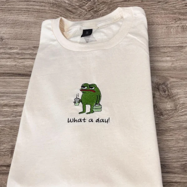 Embroidered Frog T-Shirt: What A Day Slogan, Animal Lover Gift