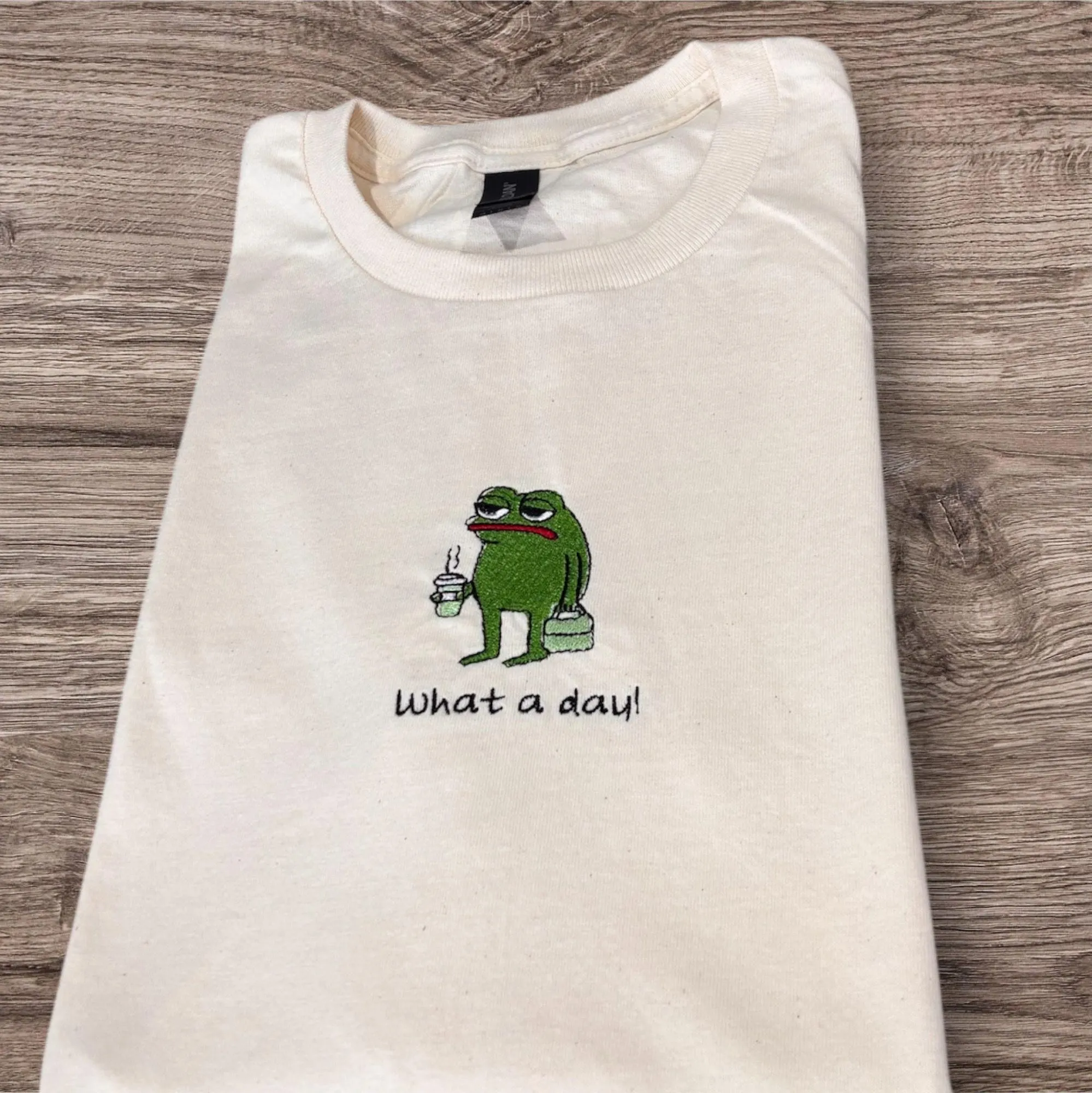 Embroidered Frog T-Shirt: What A Day Slogan, Animal Lover Gift