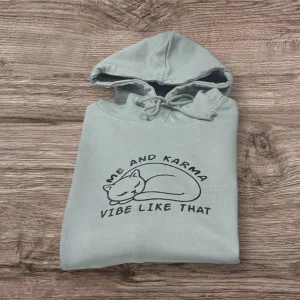 Embroidered Cat Sweatshirt: Me and Karma Vibe, Funny Mental Health Jumper