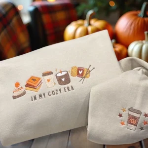 Embroidered Cozy Era Sweatshirt: Autumn Leaves & Coffee Cup
