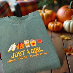 Embroidered Autumn Lover Sweatshirt: Fall Leaves & Coffee Cup