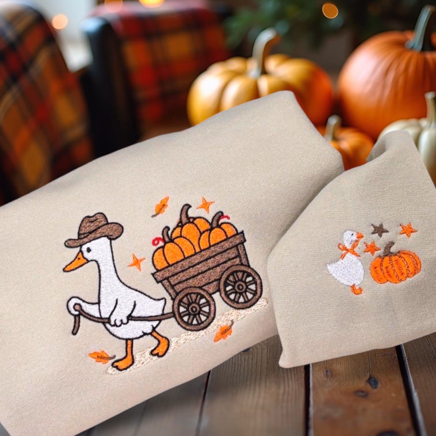 Embroidered Cowboy Goose Sweatshirt: Autumn Pumpkin Cart, Cosy Jumper - Image 2