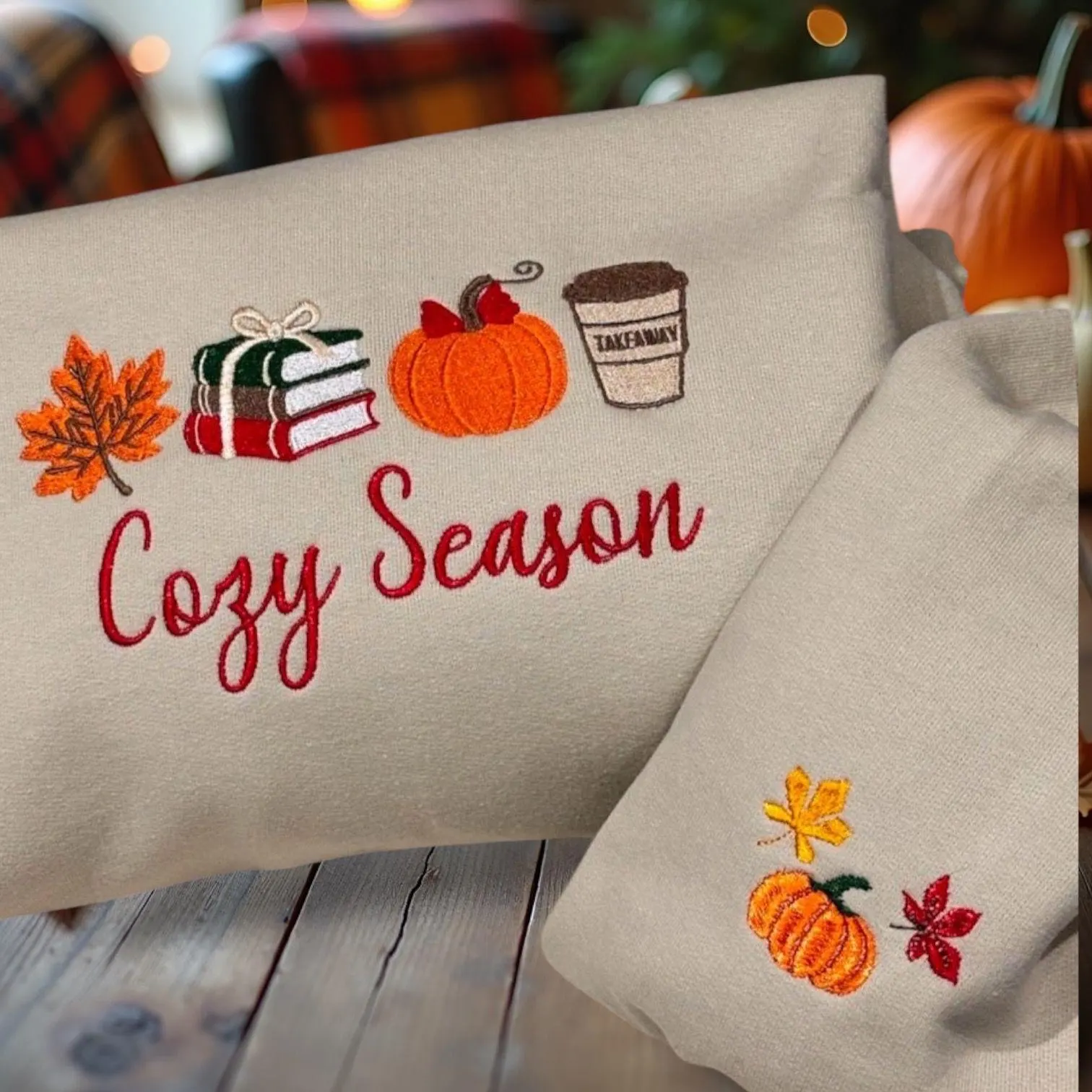 Embroidered Cosy Season Sweatshirt: Autumn Leaves, Coffee Cup & Candles - Image 3