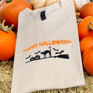 Embroidered Spooky Cat Sweatshirt: Halloween Pumpkin Hoodie