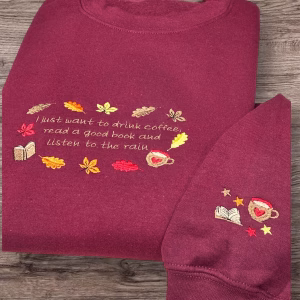 Embroidered Autumn Leaves Sweatshirt: Cozy Tea & Book Lover Gift