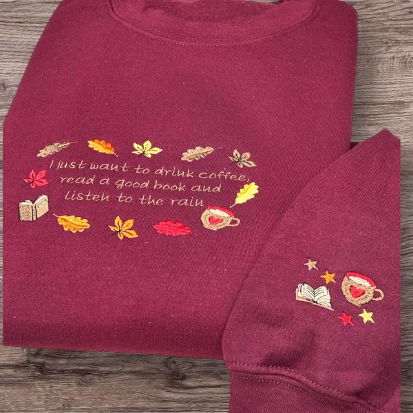 Embroidered Autumn Leaves Sweatshirt: Cozy Tea & Book Lover Gift