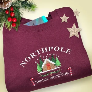 Embroidered North Pole Christmas Sweatshirt: Festive Cabin Jumper