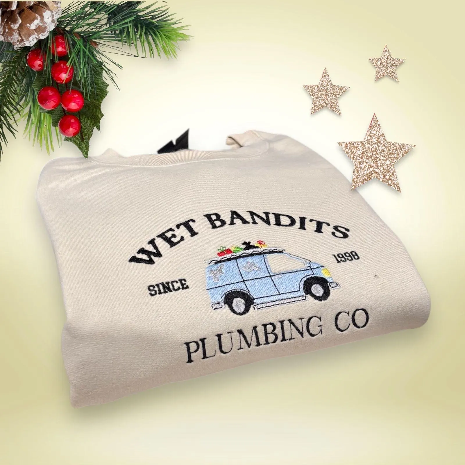 Embroidered Wet Bandit Pluming Co Christmas sweatshirt ~ Funny Festive Hoodie. - Image 2