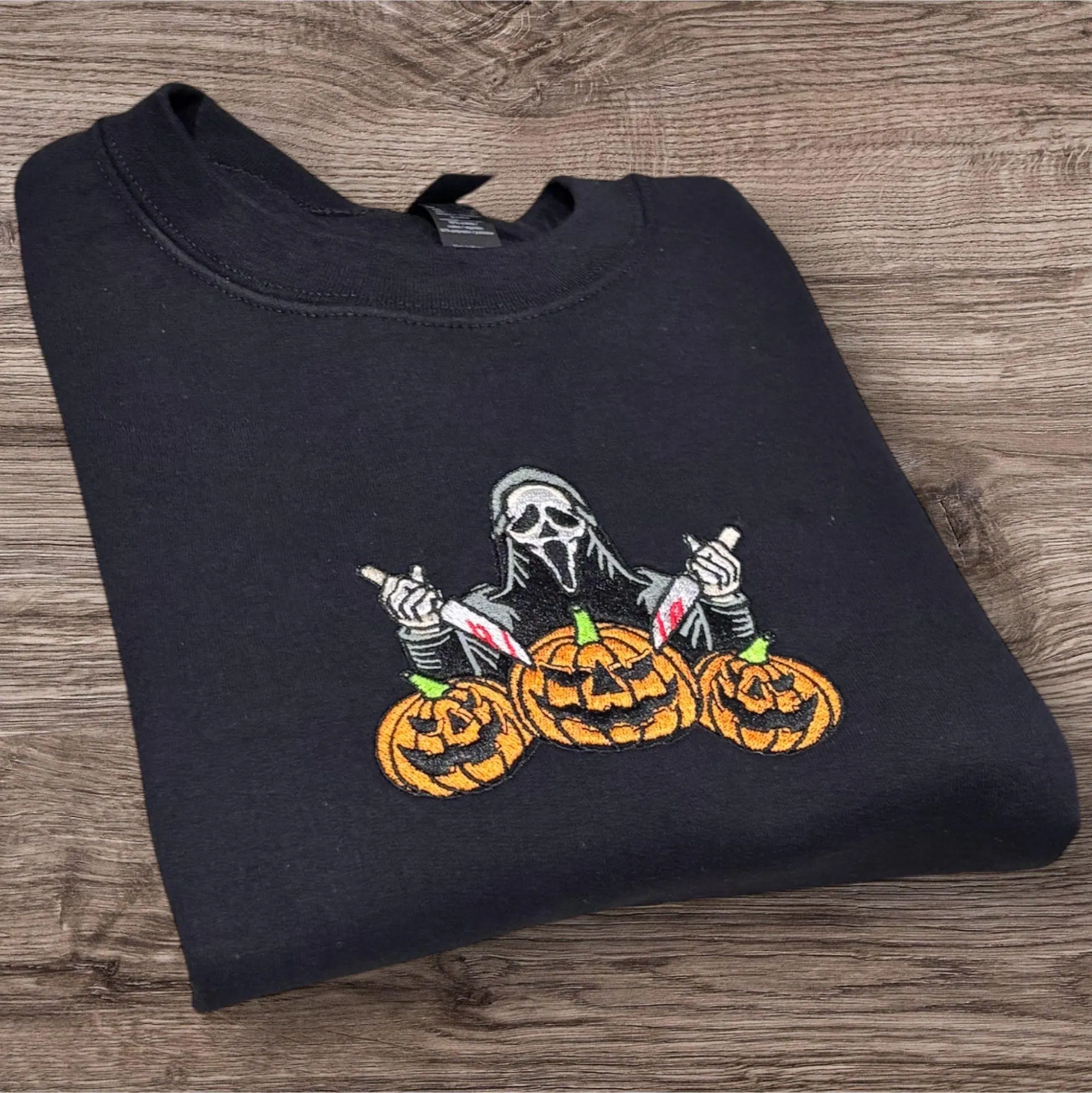 Embroidered Halloween Sweatshirt: Scream Face with knifes and spooky pumpkins, Crewneck gift.