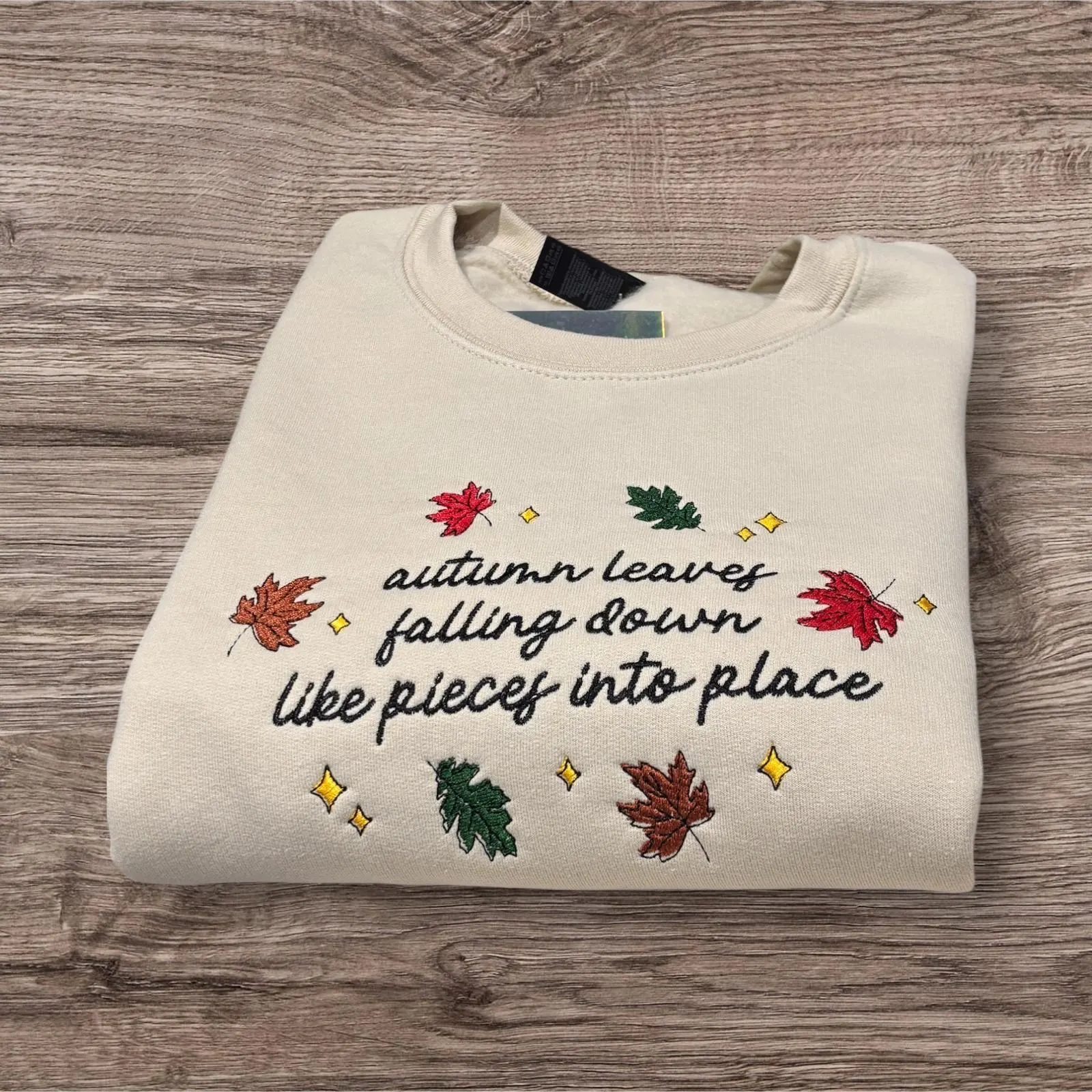 Embroidered Autumn Leaves Sweatshirt: Cosy Crew Neck Jumper