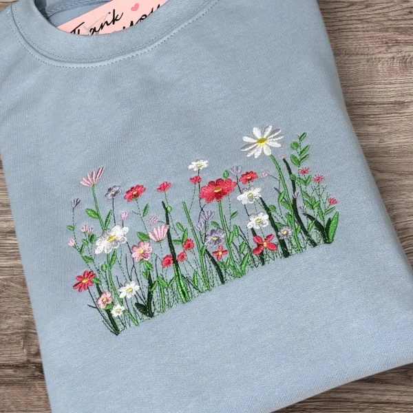Enchanted hedgerow embroidered, floral woodland sweatshirt, hoodie. Pretty flowers, wildlife, forestry, wildflower embroidery. - Image 2