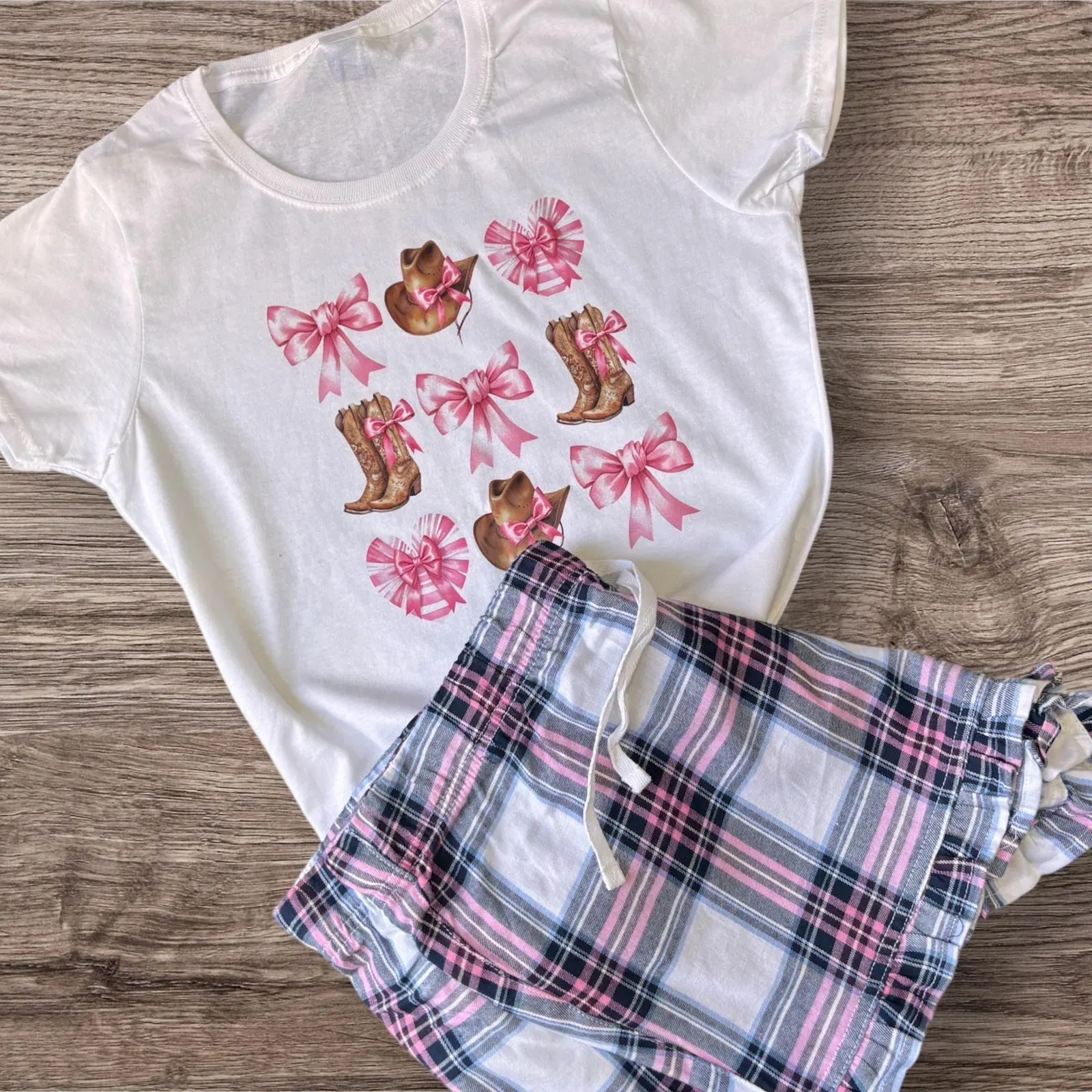 Cowgirl Pajama Set: Western Boot Print, Pink Bow Detail