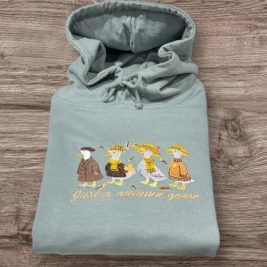 Embroidered Fall Goose Sweatshirt: Autumn Leaves Crew Neck Jumper