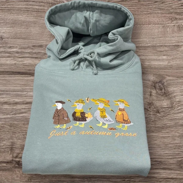 Embroidered Fall Goose Sweatshirt: Autumn Leaves Crew Neck Jumper