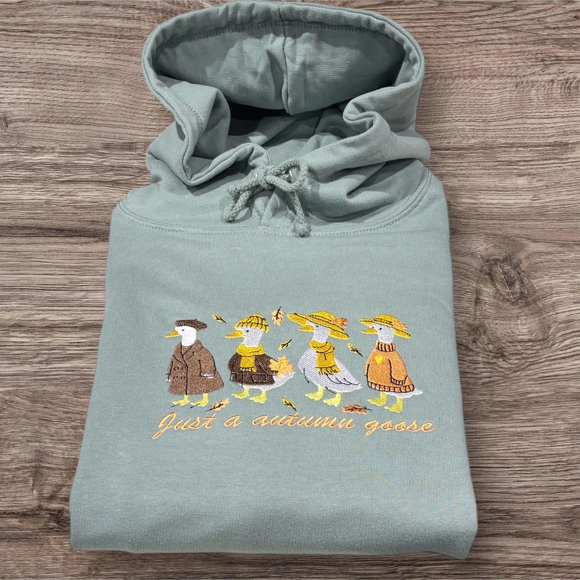 Embroidered Fall Goose Sweatshirt: Autumn Leaves Crew Neck Jumper