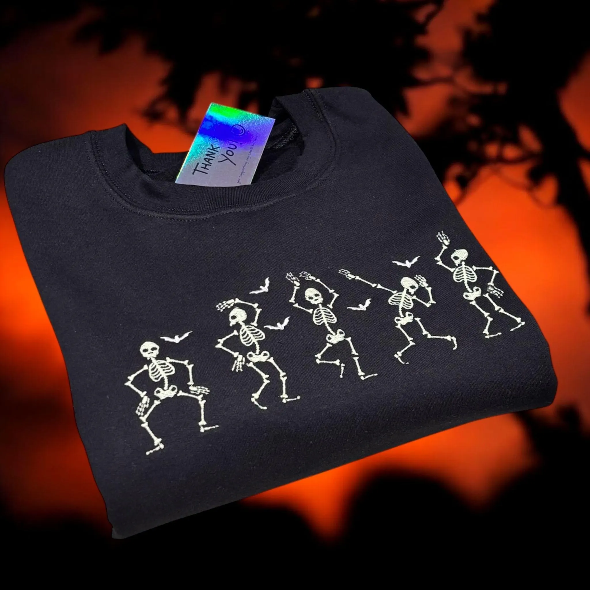 Embroidered Glow In The Dark Dancing Skeletons Sweatshirt: Spooky Halloween Hoodie