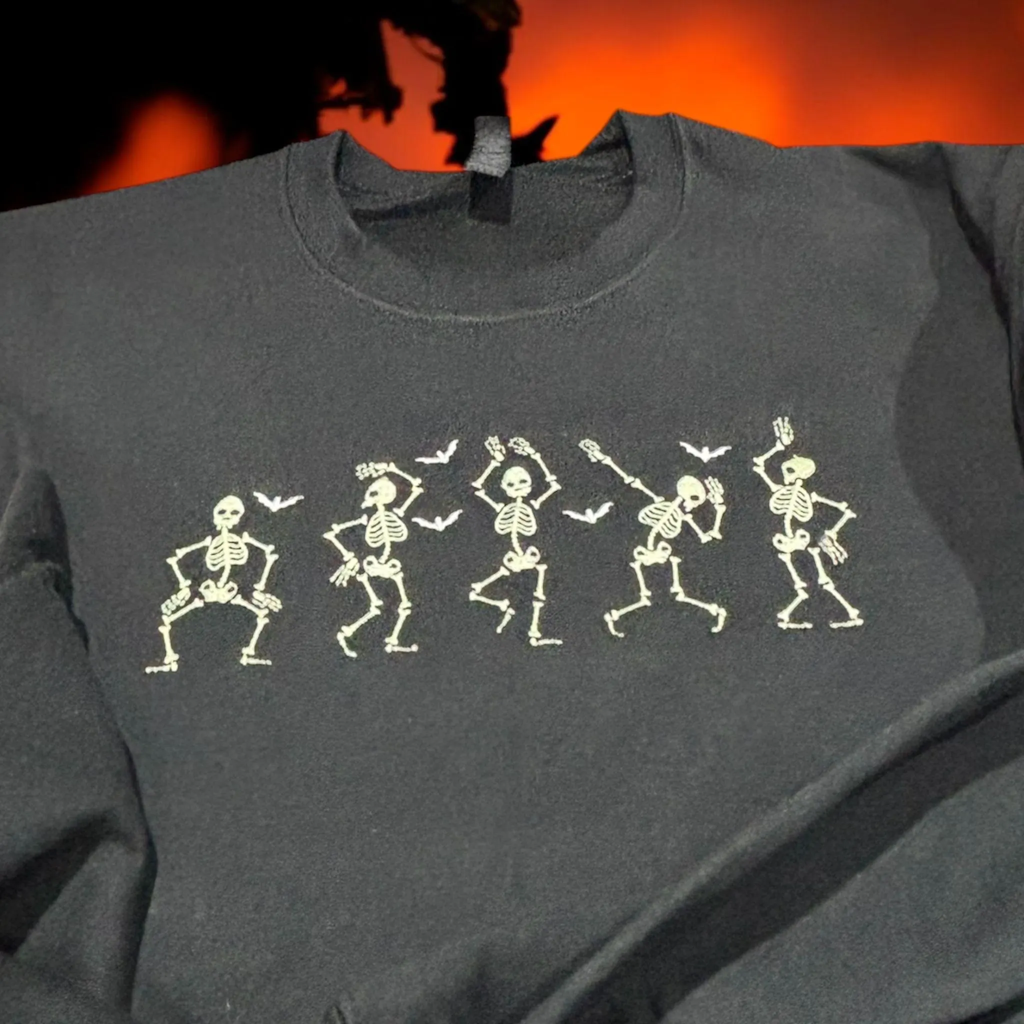 Embroidered Glow In The Dark Dancing Skeletons Sweatshirt: Spooky Halloween Hoodie - Image 2