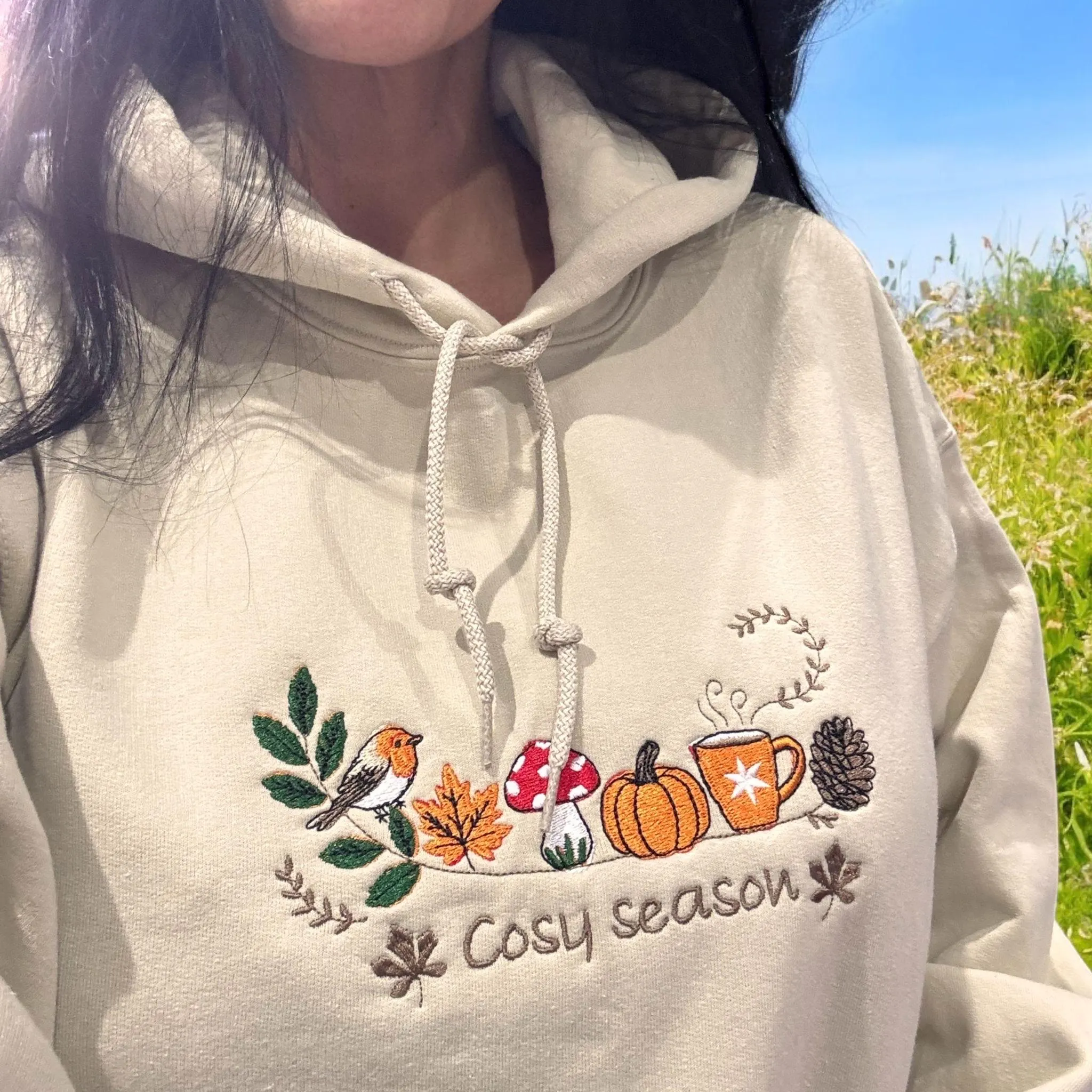 Embroidered cosy season, robin bird,pumpkin, sweatshirt, hoodie,crew neck, ladies fashion. Season jumper, autumn/fall leaves. - Image 7