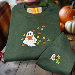 Embroidered Reading Ghost Sweatshirt or Hoodie: Autumn Leaves, Spooky Halloween Bookish Ghost Gift.
