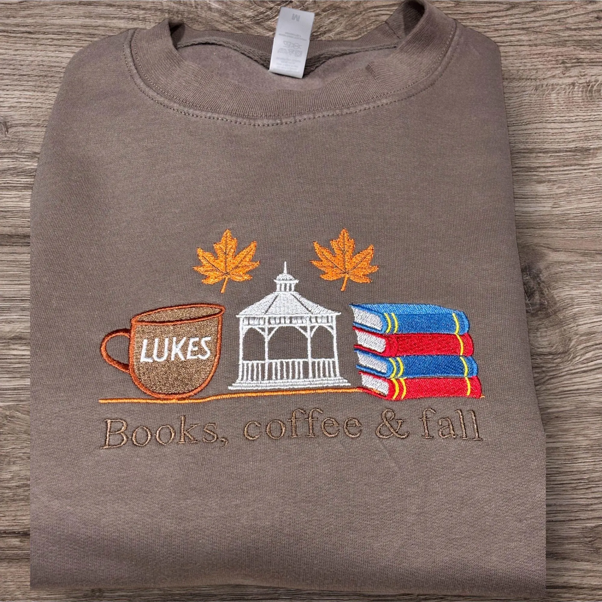 Embroidered Autumn Sweatshirt: Books, Coffee, and Fall Crew Neck - Image 2