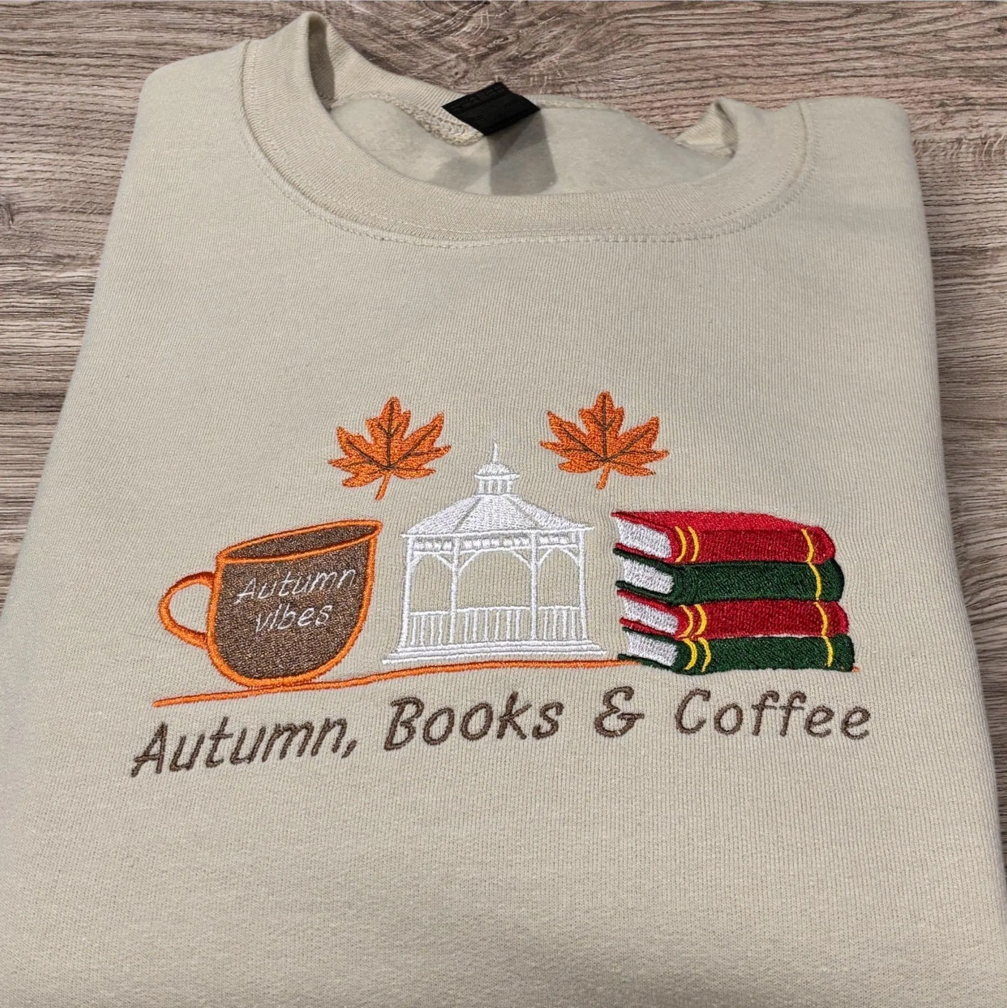 Embroidered Autumn, books and coffee or tea…sweatshirt or hoodie. - Image 2